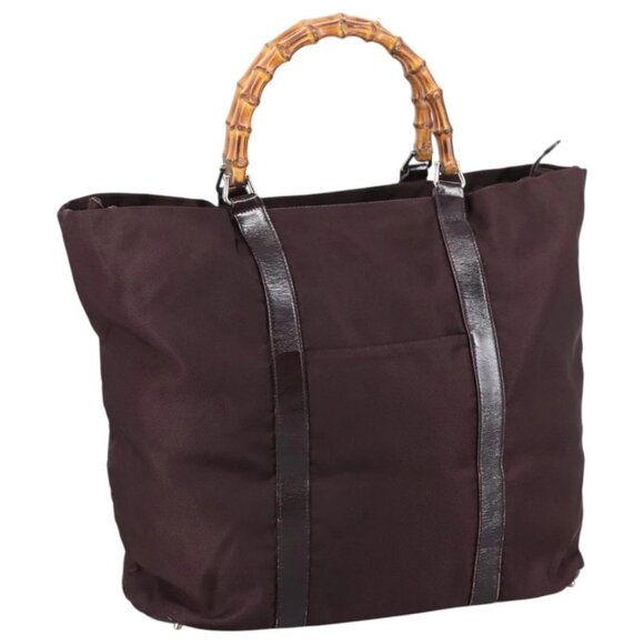 GUCCI Bamboo Hand Bag Nylon Brown Silver 002 2854 0412 5 Auth bs20650 - Picture 1 of 16